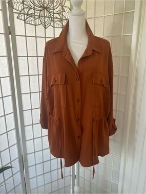 Rachel Zoe Rust Utility Blouse | XL | 25” PTP | Adjustable Drawstring Waist
